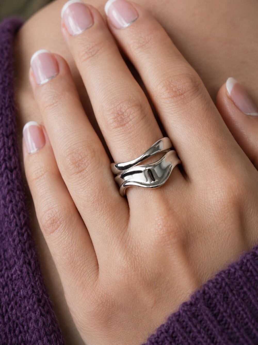 18K White Gold Plated Stainless Steel Open Wave Ring Minimalist Adjustable 7-9
